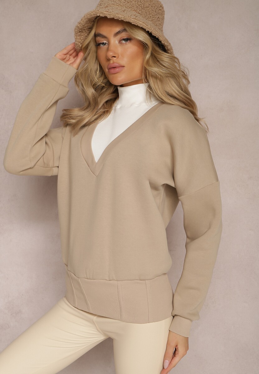 Beżowa Bawełniana Bluza z Trójkątnym Dekoltem Hydralia