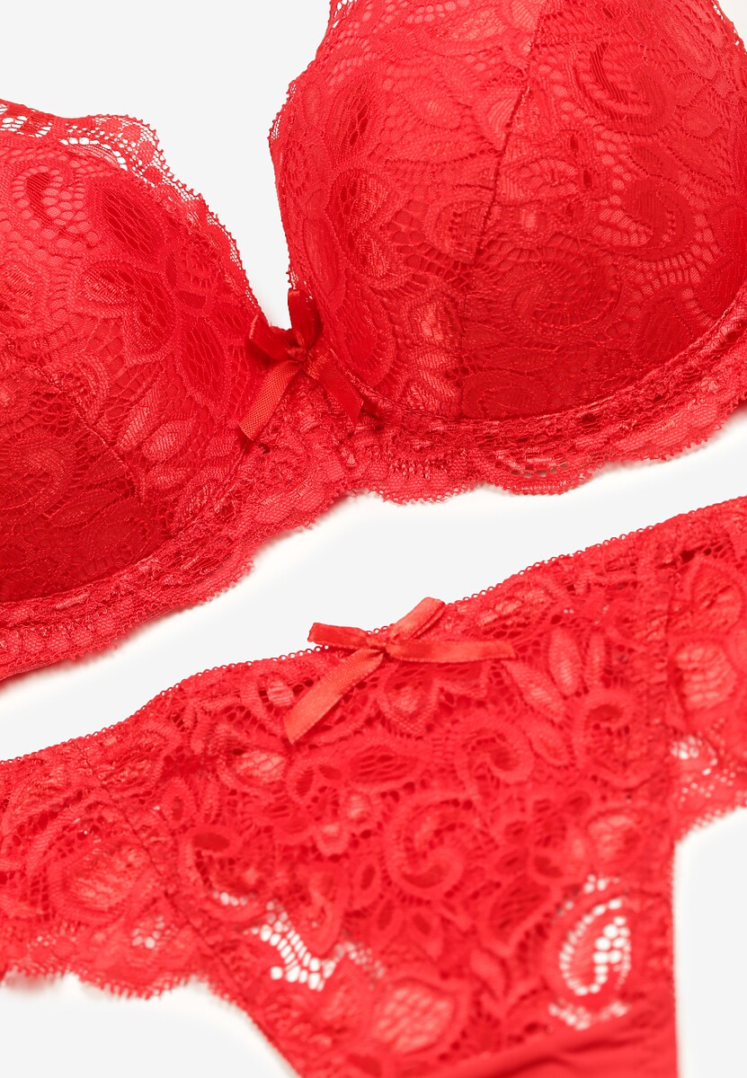 Czerwony Komplet Bielizny z Koronką i Kokardkami Biustonosz i Stringi Nasorinne