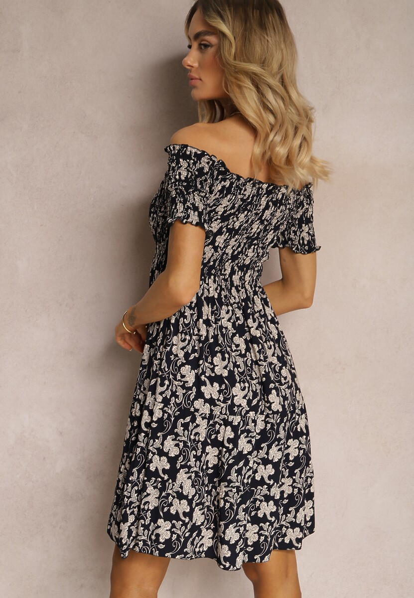 Granatowa Sukienka z Bawełny Typu Hiszpanka z Marszczoną Górą i Falbanką Jannesto