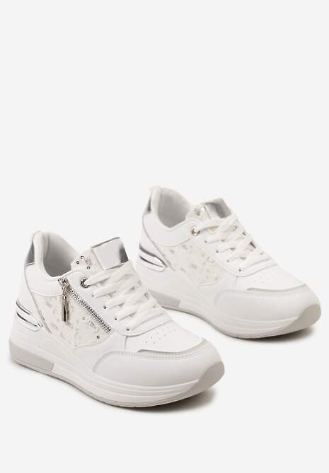 Biało-Srebrne Sneakersy na Koturnie z Ozdobną Wstawką z Suwakiem i Sznurowaniem Dastas