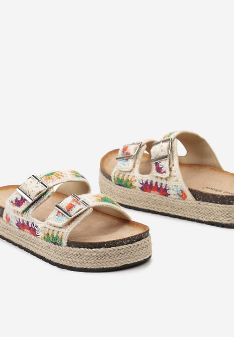 Ciemnobeżowe Klapki Ozdobione Haftem na Paskach i Plecionką na Platformie Teio