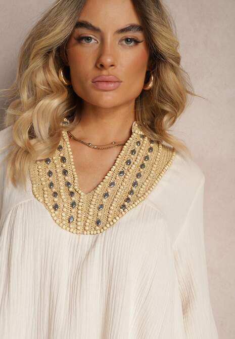 Beżowa Rozkloszowana Sukienka Mini Ozdobiona Plecionką Przy Dekolcie Rufta