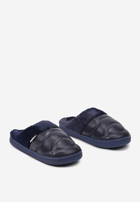 Granatowe Kapcie Vices na Płaskiej Podeszwie z Futerkiem i Pikowaniem Equaravia