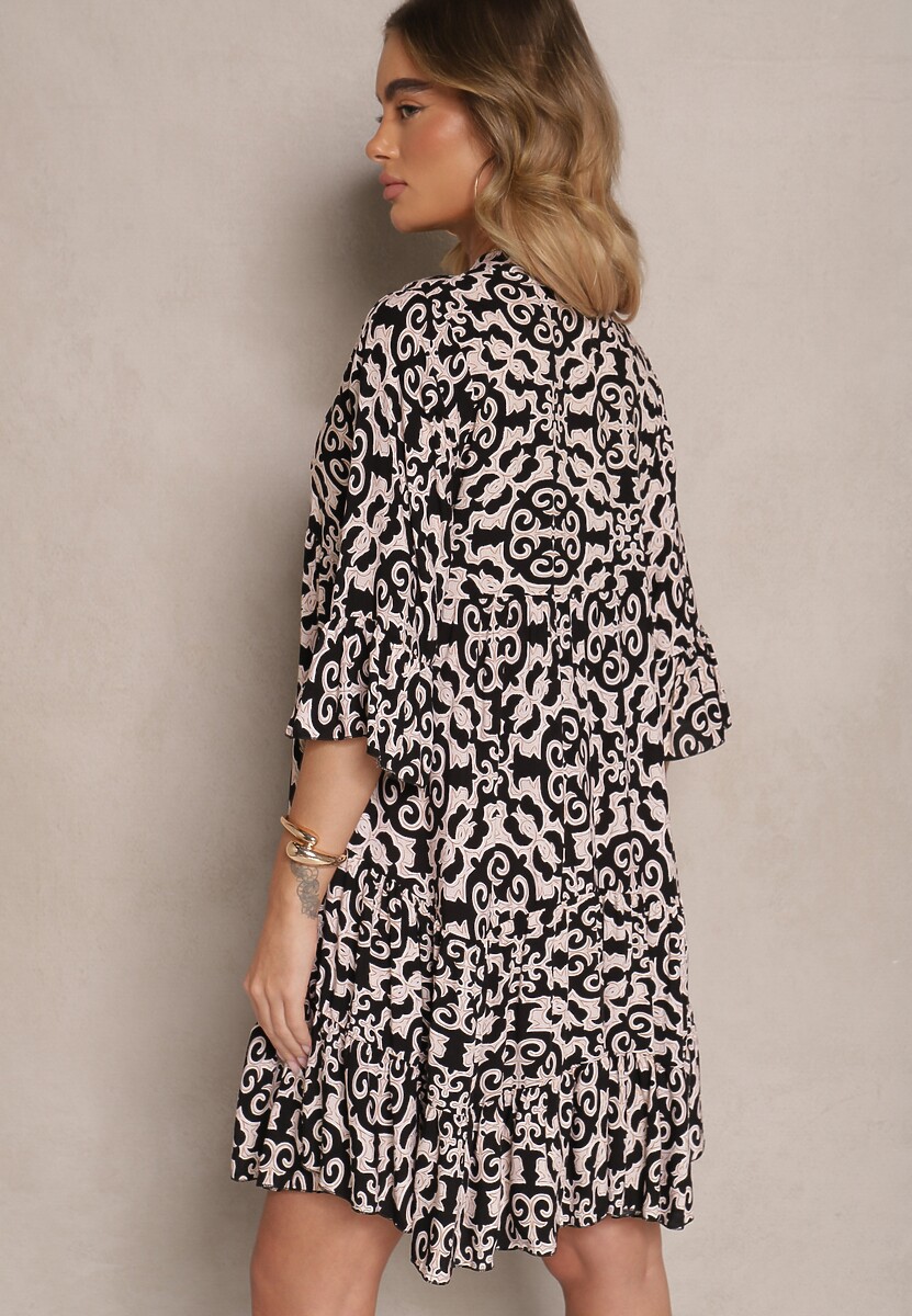 Czarna Sukienka Bawełniana o Rozkloszowanym Kroju w Etniczny Print Zalivine