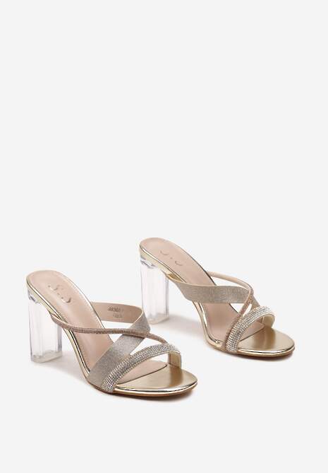 Złote Klapki Ozdobione Brokatem i Cyrkoniami z Przezroczystym Obcasem Kavinia