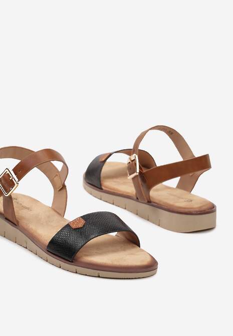 Czarne Sandały na Płaskiej Podeszwie z Ekoskóry Zapinane na Sprzączkę Netala