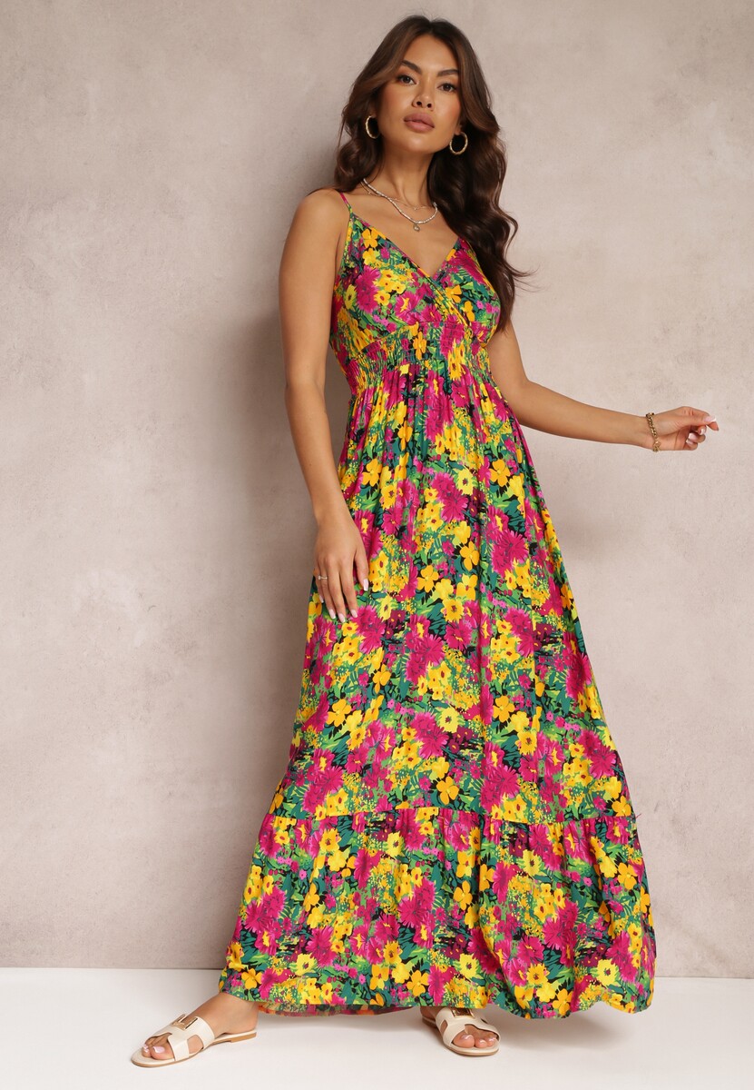 Żółto-Fuksjowa Rozkloszowana Sukienka z Wiskozy w Kwiaty Eurena