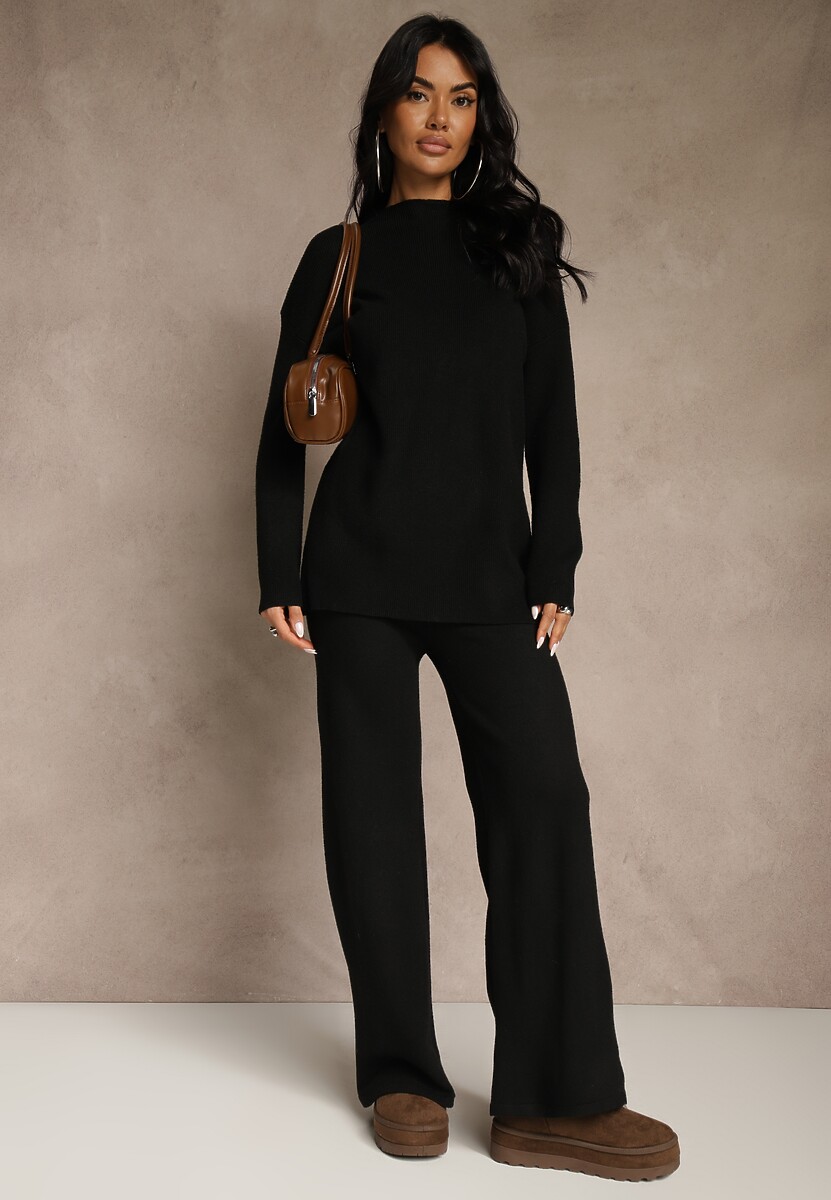 Czarny Komplet z Wełną i Bawełną Szerokie Spodnie i Sweter o Długim Kroju Reilissa
