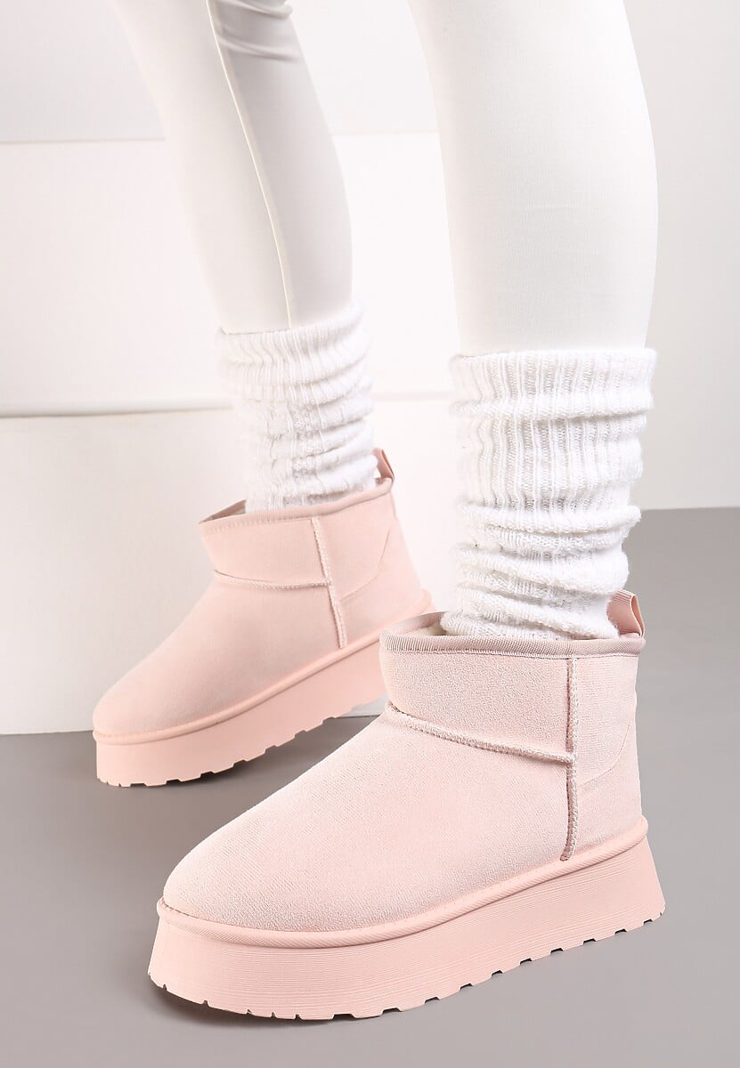 Różowe Casualowe Śniegowce na Grubej Podeszwie o Krótkim Fasonie Lobaria