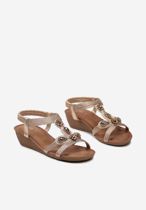 Szampańskie Sandały na Koturnie z Cyrkoniami i Elastycznym Paskiem Jukea