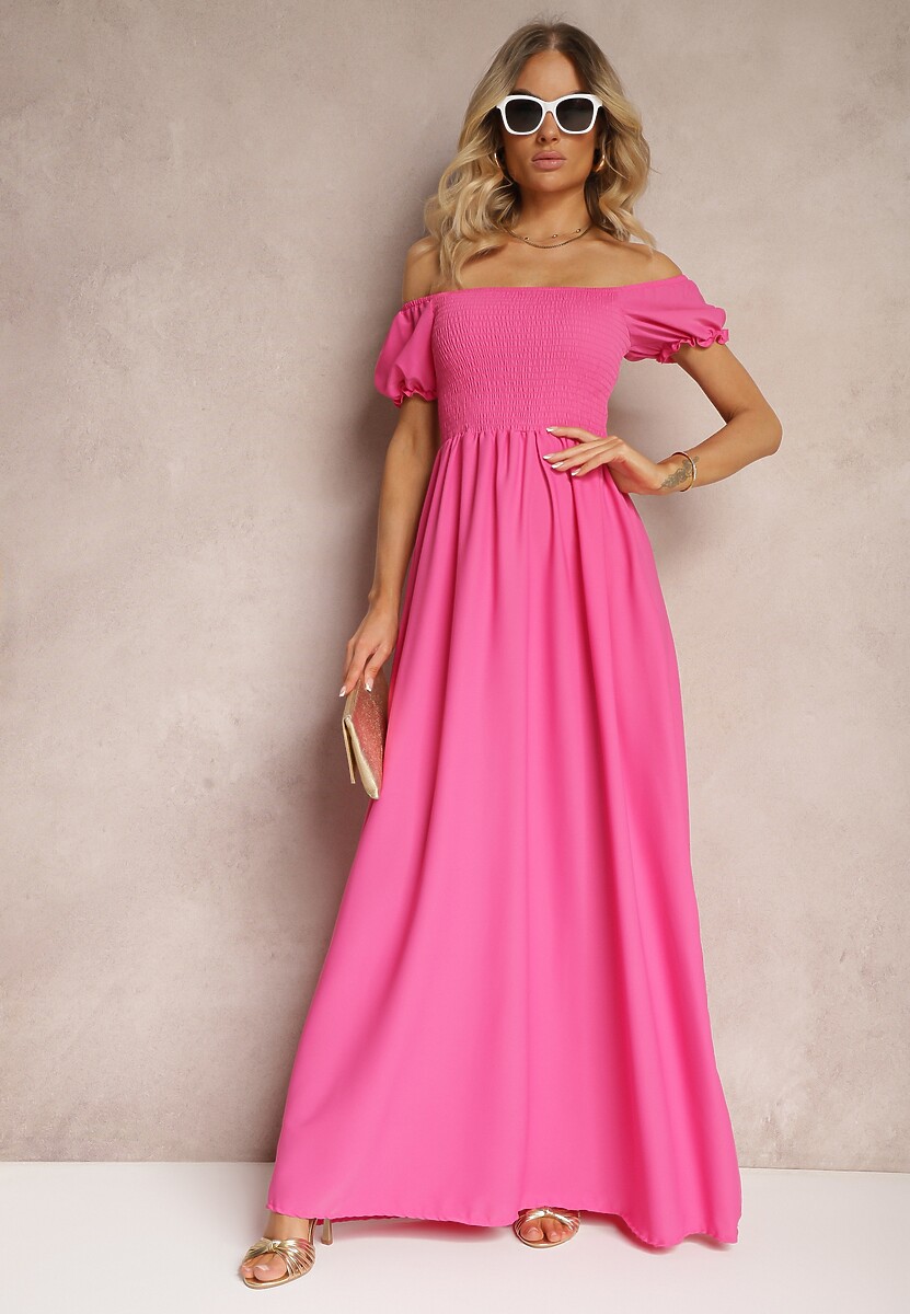 Różowa Sukienka z Gumeczkami w Talii i Przy Dekolcie z Rozkloszowanym Dołem Anideta