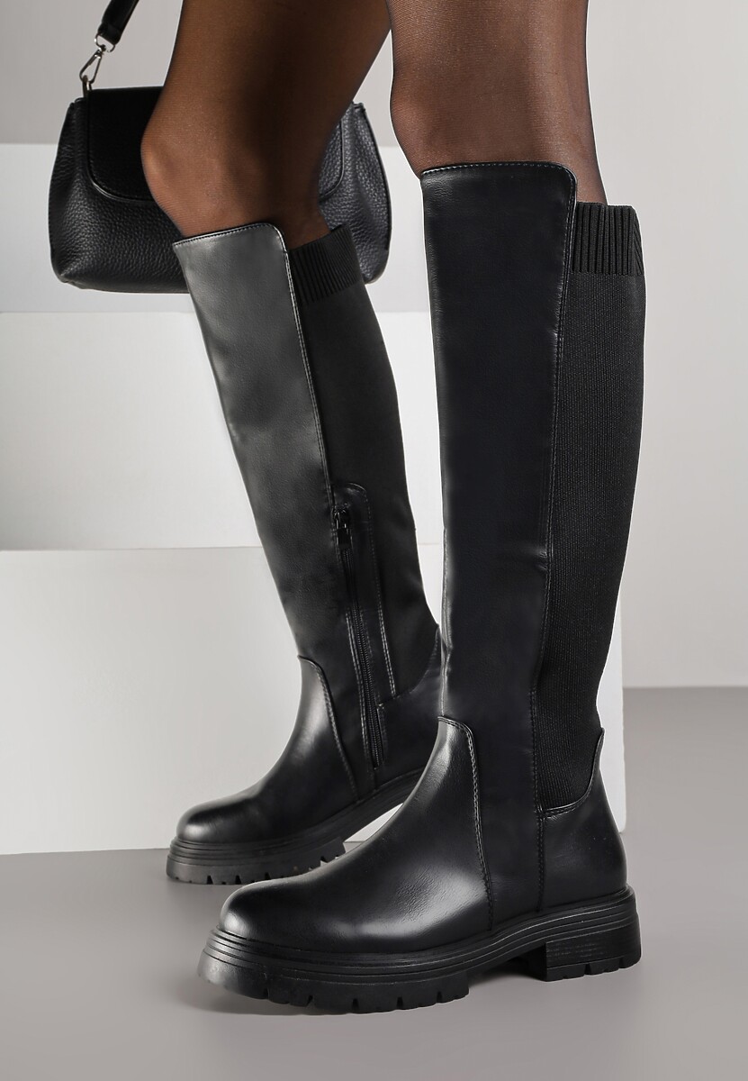 Czarne Kozaki przed Kolano z Elastyczną Wstawką w Cholewce Atisa