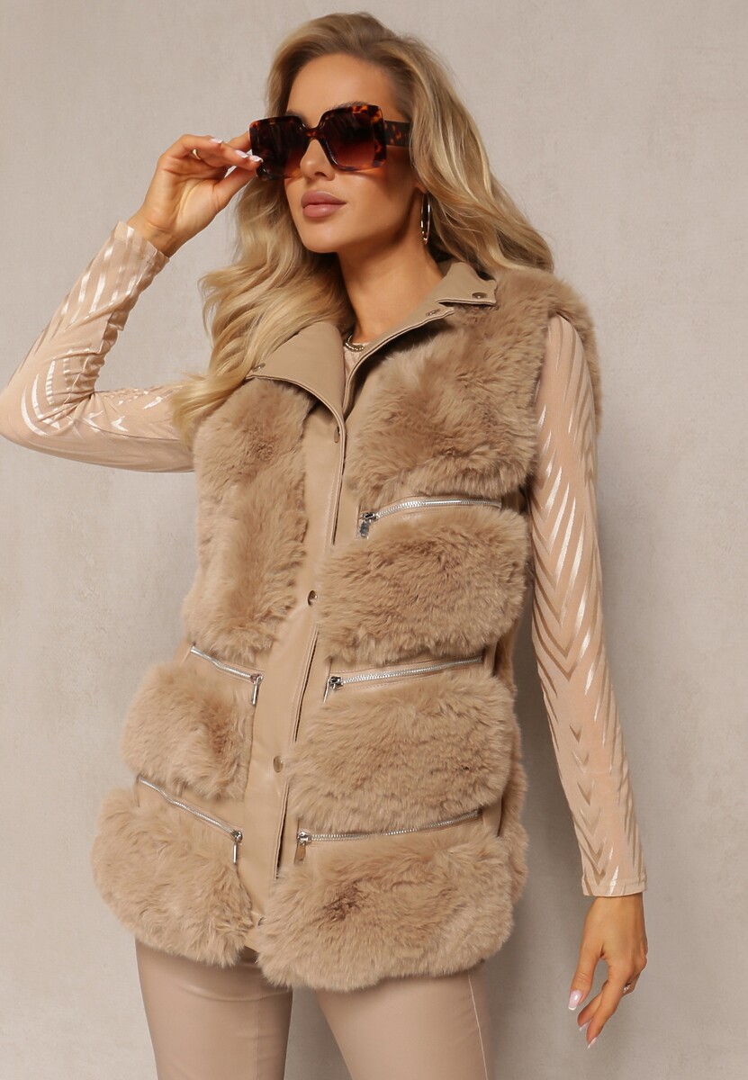 Brązowa Futrzana Kamizelka z Ozdobnymi Suwakami Sittame