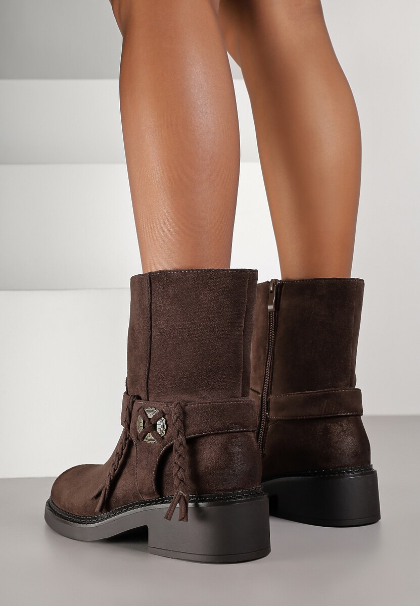 Brązowe Botki Bikery z Guzikiem i Sznurkami Alissarie