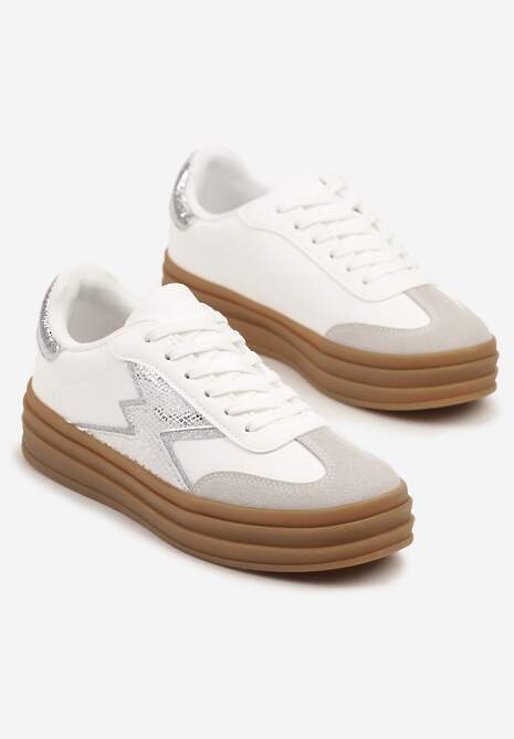 Srebrno-Białe Sneakersy w Stylu Tenisówek Ozdobione Geometrycznym Wzorem Tolivanna