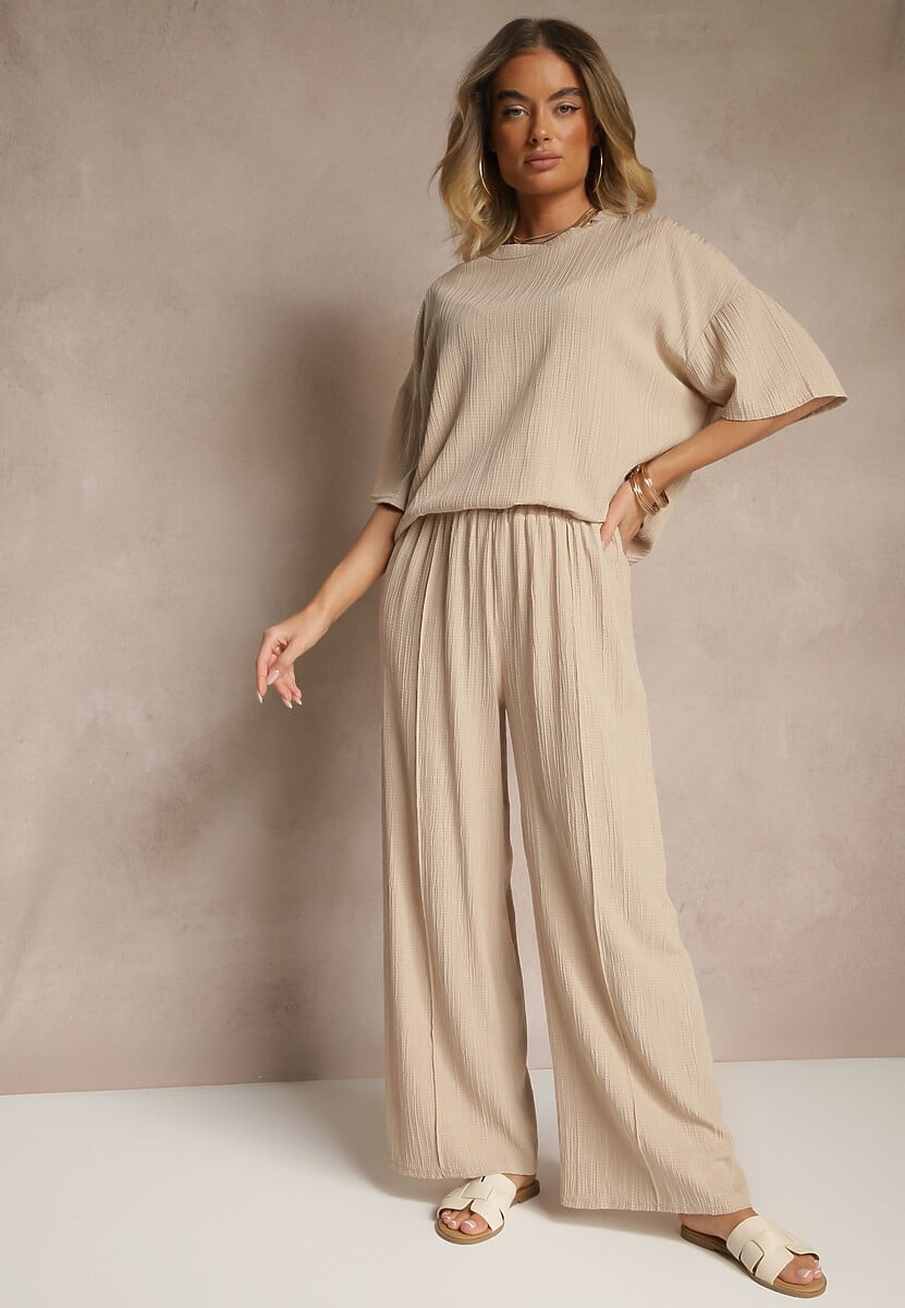 Czarny Oversizowy Komplet z Wiskozą Luźna Bluzka i Proste Spodnie Varlivia