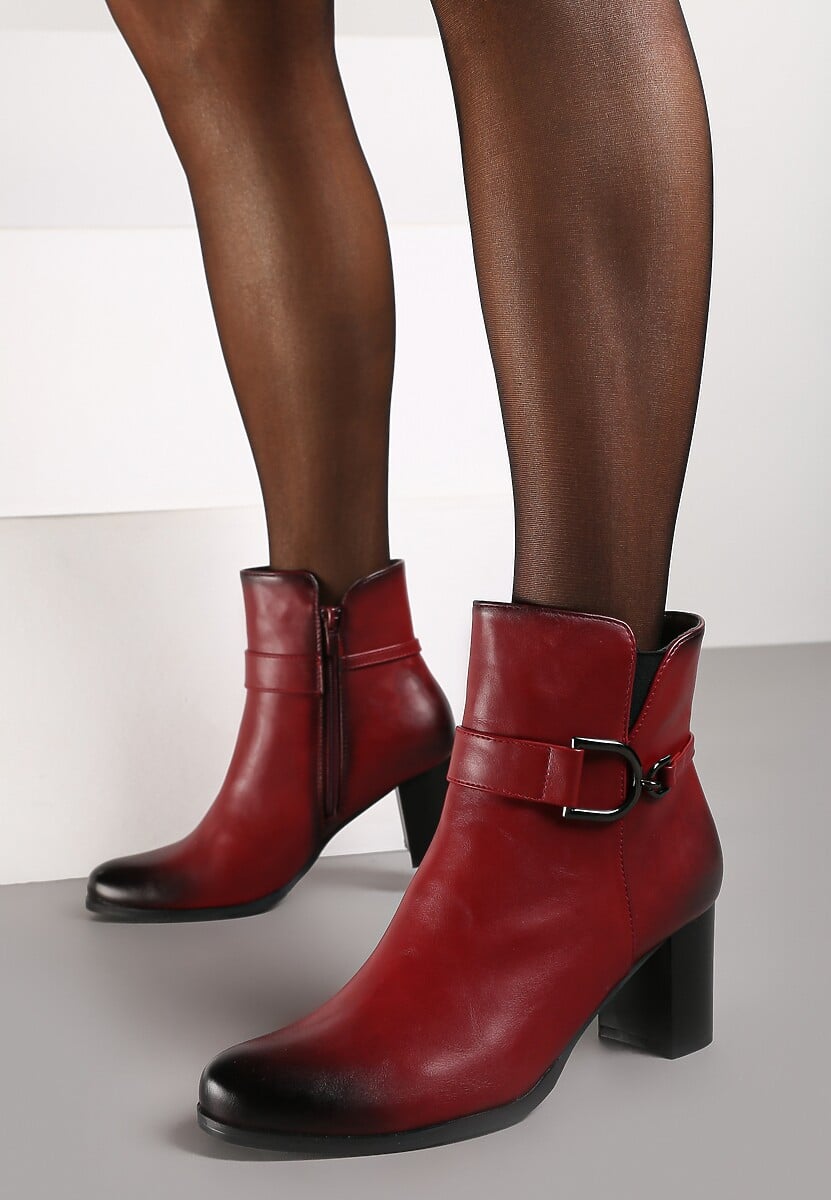 Bordowe Botki na Obcasie Typu Słupek z Klamrą Eriscelia