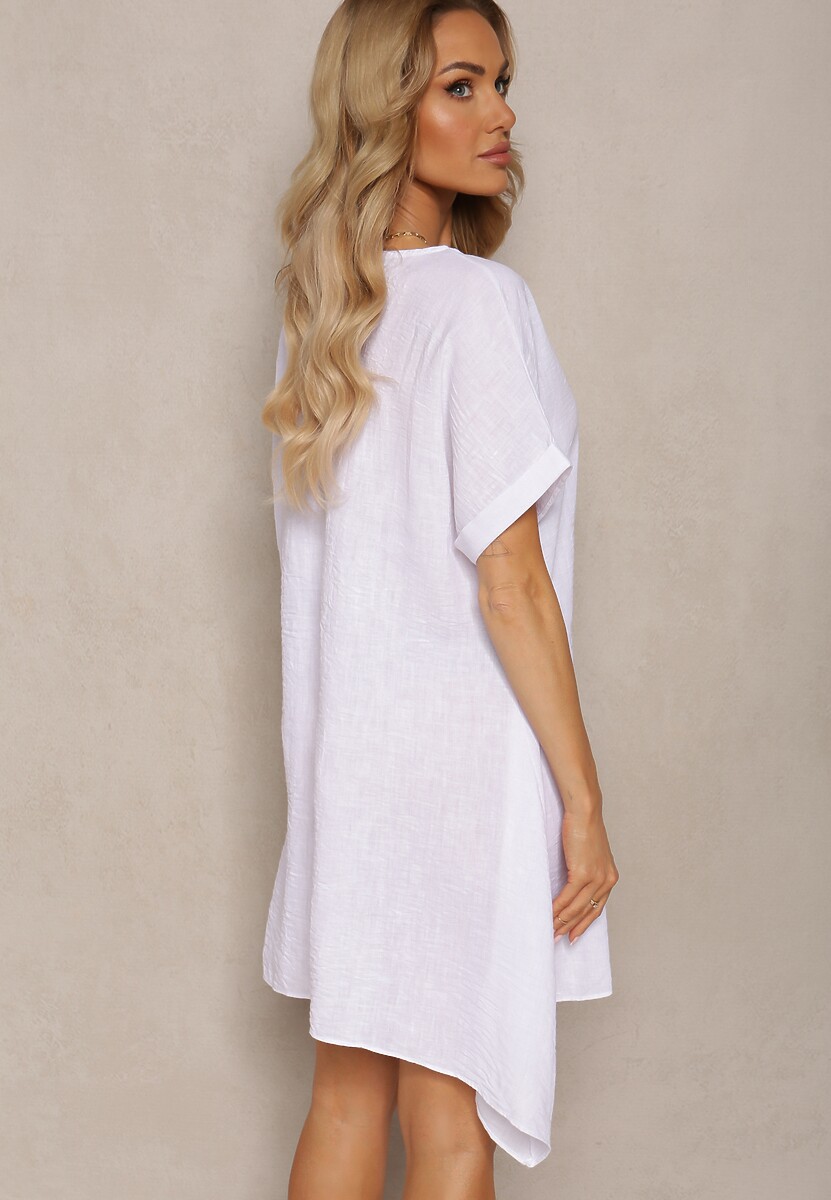Biała Tunika Sukienka z Krótkim Rękawem i Asymetrycznym Wykończeniem Fumiana