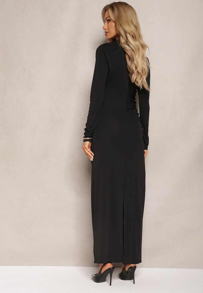 Czarna Sukienka o Dopasowanym Fasonie z Marszczeniem i Rozcięciem Galariel