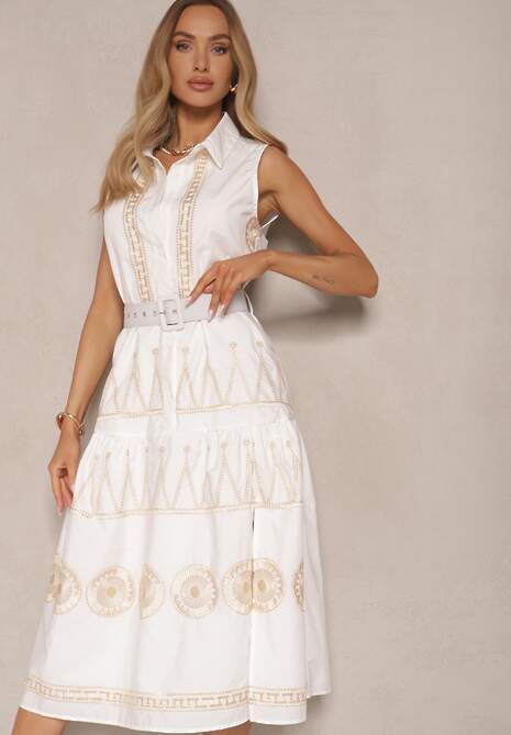 Biała Sukienka o Koszulowym Kroju z Paskiem Zdobiona Haftem Talliera