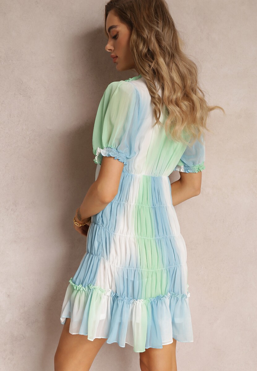 Zielona Sukienka Mini z Rozkloszowanym Dołem i Falbankami Cointa