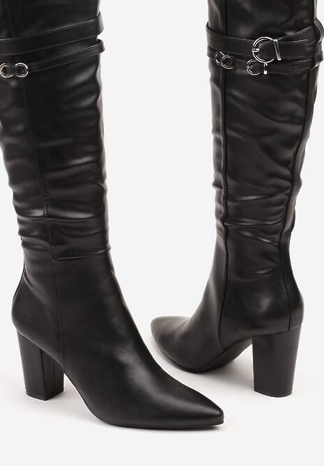 Czarne Kozaki do Kolan na Słupkowym Obcasie ze Sprzączkami na Paskach Miobela