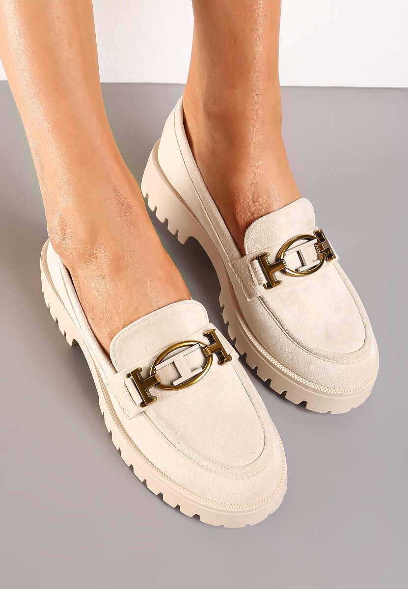 Beżowe Mokasyny z Imitacji Zamszu z Geometryczną Klamerką Echonesa