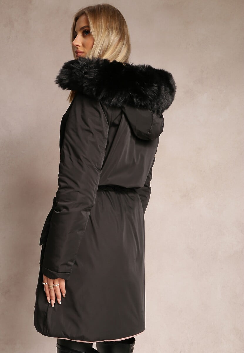 Czarna Dwustronna Kurtka ze Ściągaczem i Kapturem z Futerkiem Divya
