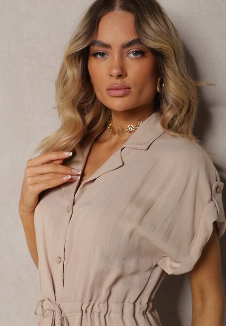 Beżowa Midi Sukienka z Wiskozy na Guzki Ściągana Troczkiem Blamise