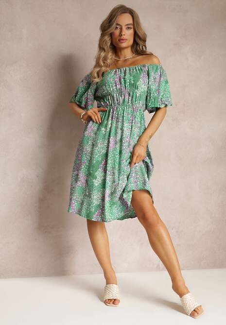 Zielona Sukienka Midi Hiszpanka w Gumką w Pasie z Wiskozy Slaniesa