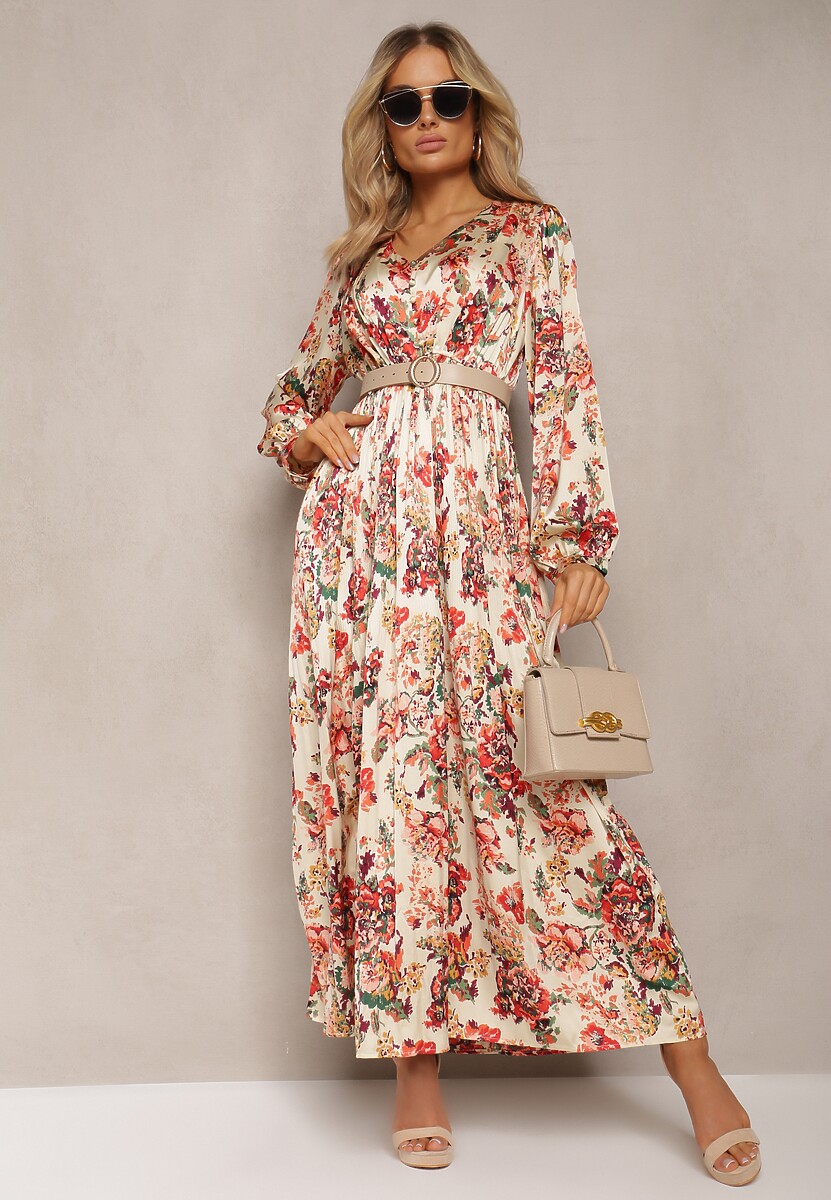 Beżowo-Różowa Rozkloszowana Sukienka Długa z Plisami w Kwiatowy Print Toada