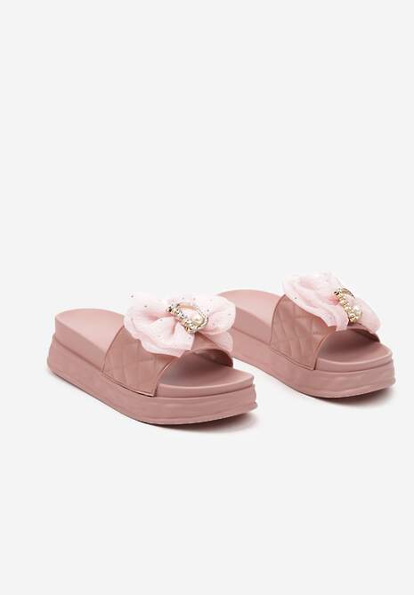 Różowe Klapki na Grubej Podeszwie z Ozdobną Kokardą Nelabis