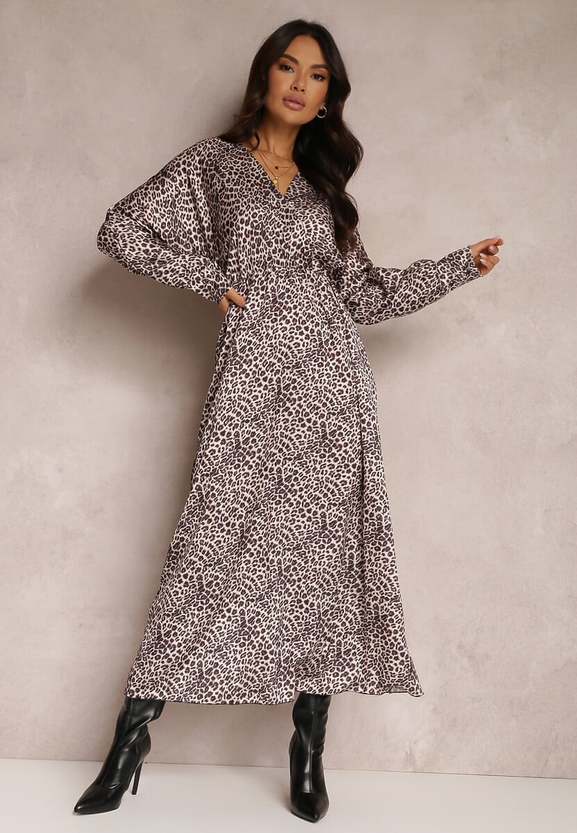 Beżowo-Brązowa Sukienka Rozkloszowana z Gumką w Pasie Philida