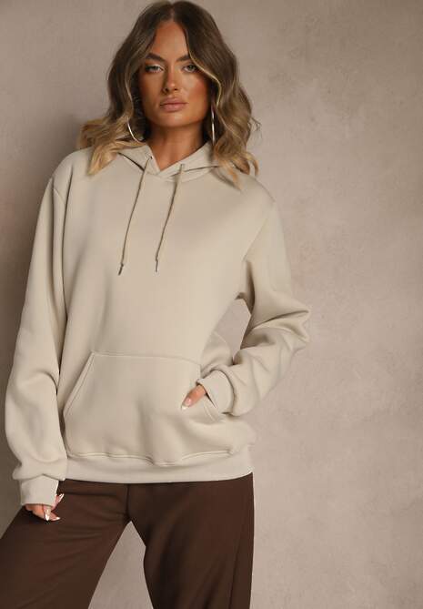 Beżowa Bluza z Kapturem Ozdobiona Ściągaczami Invila