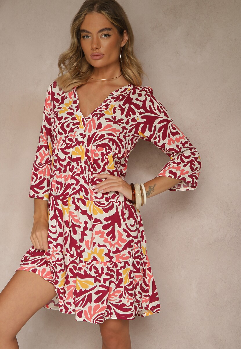 Żółto-Bordowa Sukienka z Wiskozy o Rozkloszowanym Kroju w Abstrakcyjny Wzór Lirese