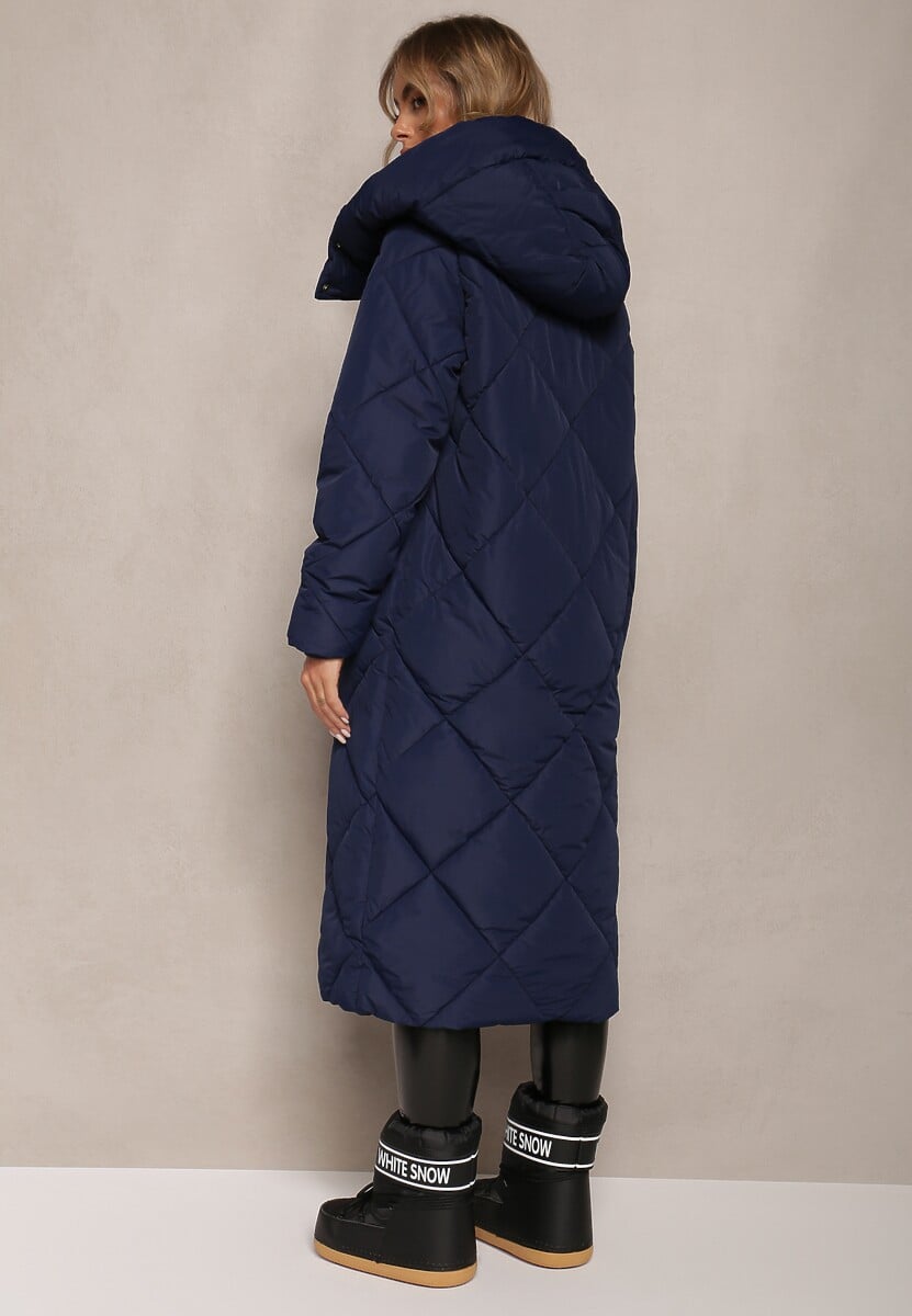 Granatowa Pikowana Kurtka Płaszcz za Kolano z Kapturem Kinassan