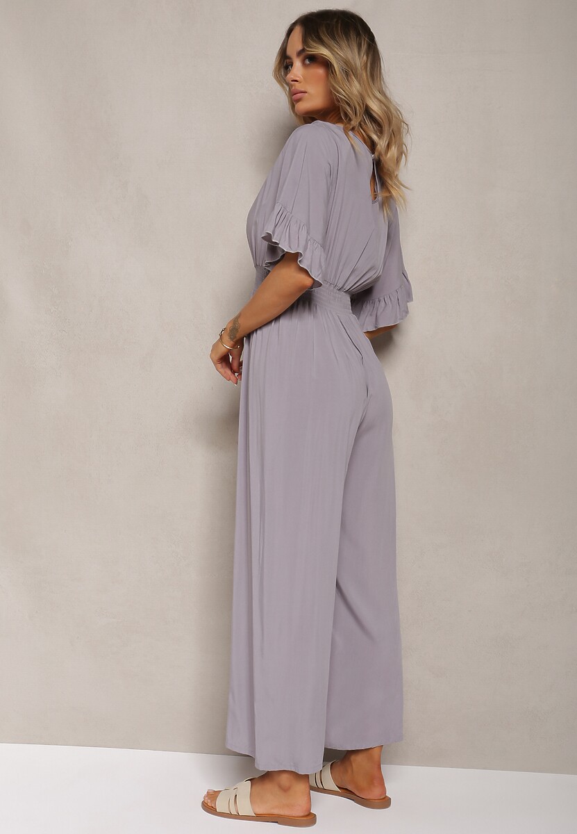 Szary Kombinezon z Bawełny z Gumką w Talii i Dekoltem w Szpic Tesaoona