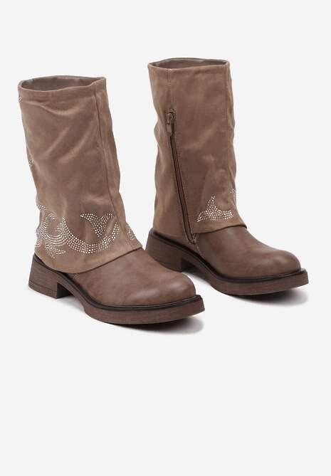 Ciemnobeżowe Płaskie Botki Ozdobione Cyrkoniami i Wywiniętą Cholewką Lemilia