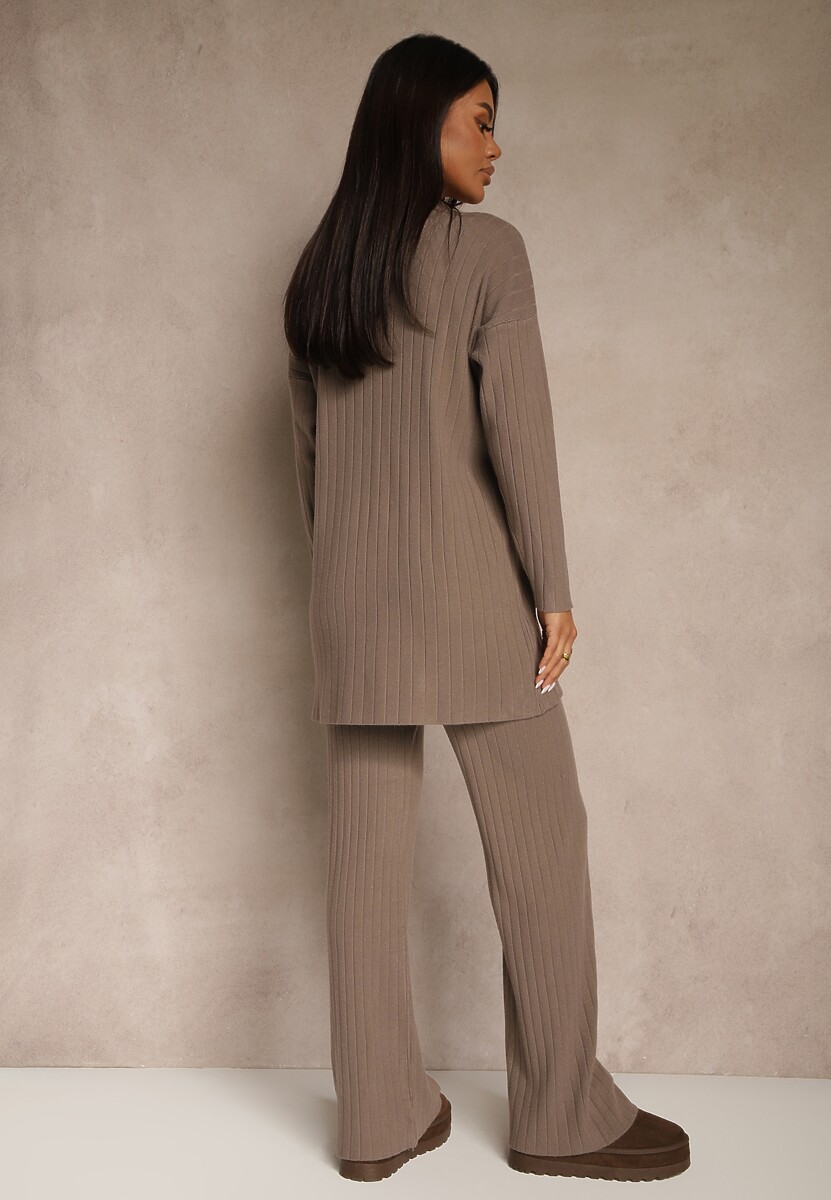 Ciemnobeżowy Komplet Prążkowany z Bawełną Sweter Oversize i Szerokie Spodnie Wedorena