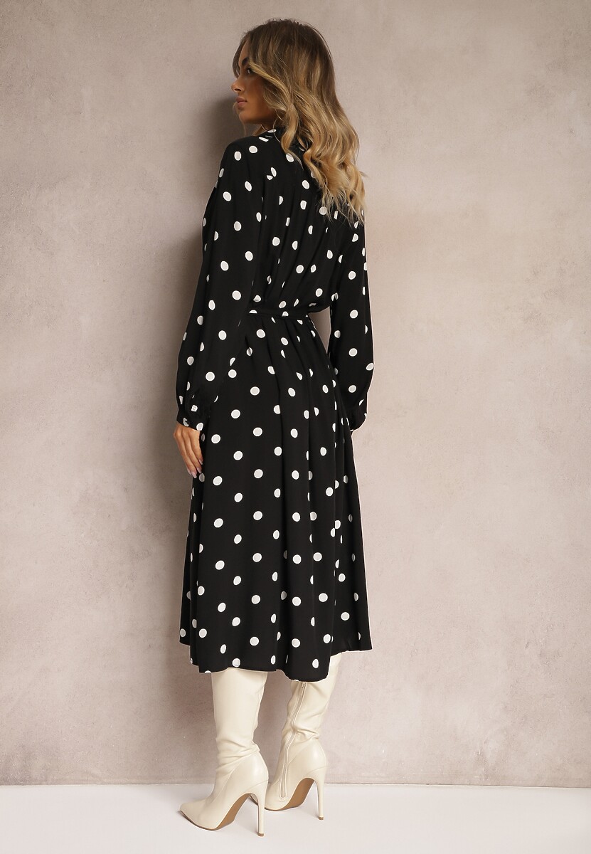 Czarna Wiskozowa Sukienka o Koszulowym Fasonie w Kropki z Paskiem i Kieszeniami Liliea