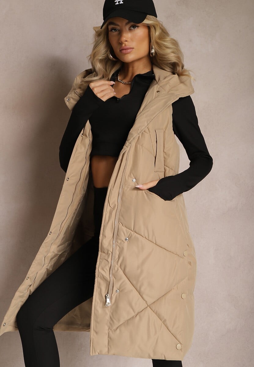 Jasnobeżowa Pikowana Kamizelka o Długim Kroju z Nieodpinanym Kapturem Naiarres