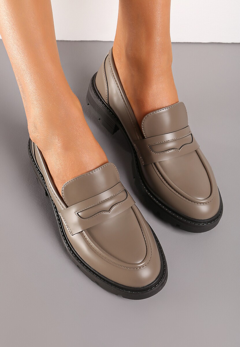 Ciemnobeżowe Klasyczne Mokasyny na Grubej Podeszwie z Minimalistycznym Pakiem Qara