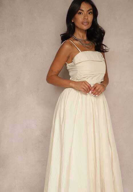 Beżowa Sukienka z Wiskozy z Bawełną Ozdobiona Zakładką Atellana