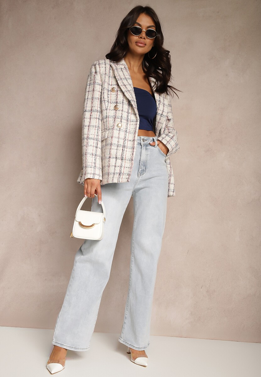 Biała Dwurzędowa Marynarka z Błyszczącą Nicią i Poduszkami na Ramionach Elilona