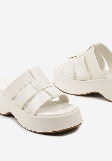 Białe Płaskie Klapki z Ekoskóry na Grubej Podeszwie Menase