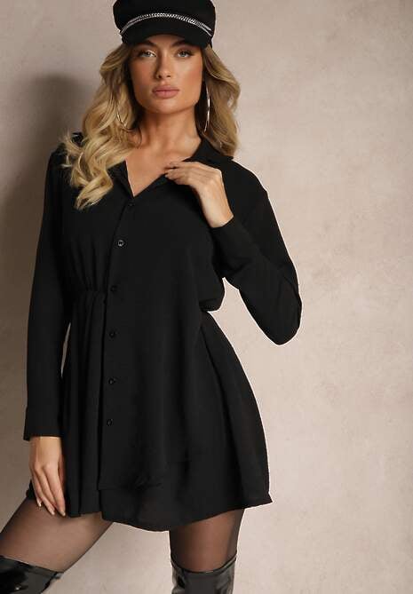 Czarna Koszulowa Sukienka o Asymetrycznym Rozkloszowanym Kroju z Gumką w Talii Eloriana