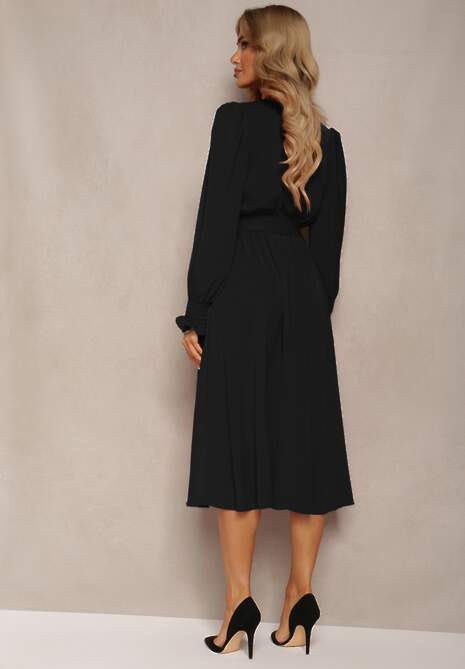 Czarna Sukienka z Bufiastym Rękawem i Wiązanym Paskiem Corrine