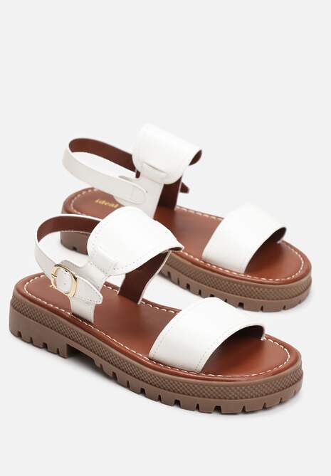 Białe Sandały na Płaskiej Podeszwie z Przeszyciami i Sprzączką Simisola