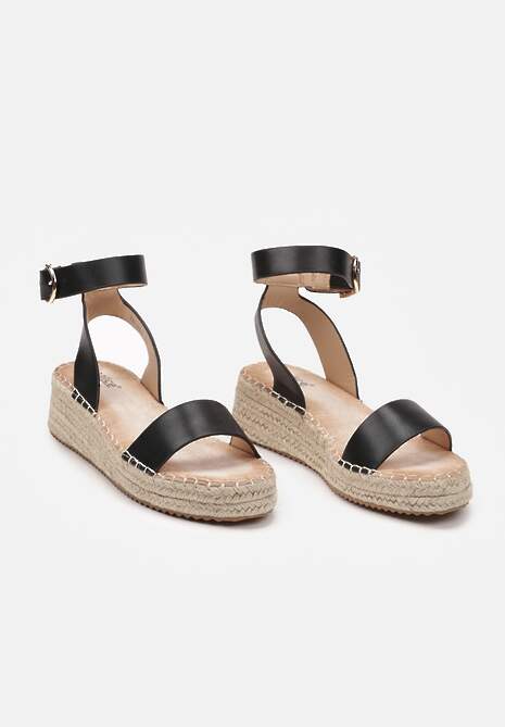 Czarne Sandały na Podeszwie z Plecionki Zapinane na Sprzączkę Erselia