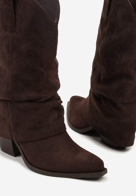 Ciemnobrązowe Botki Kowbojki z Cholewką Imitującą Nogawkę Zellaxie